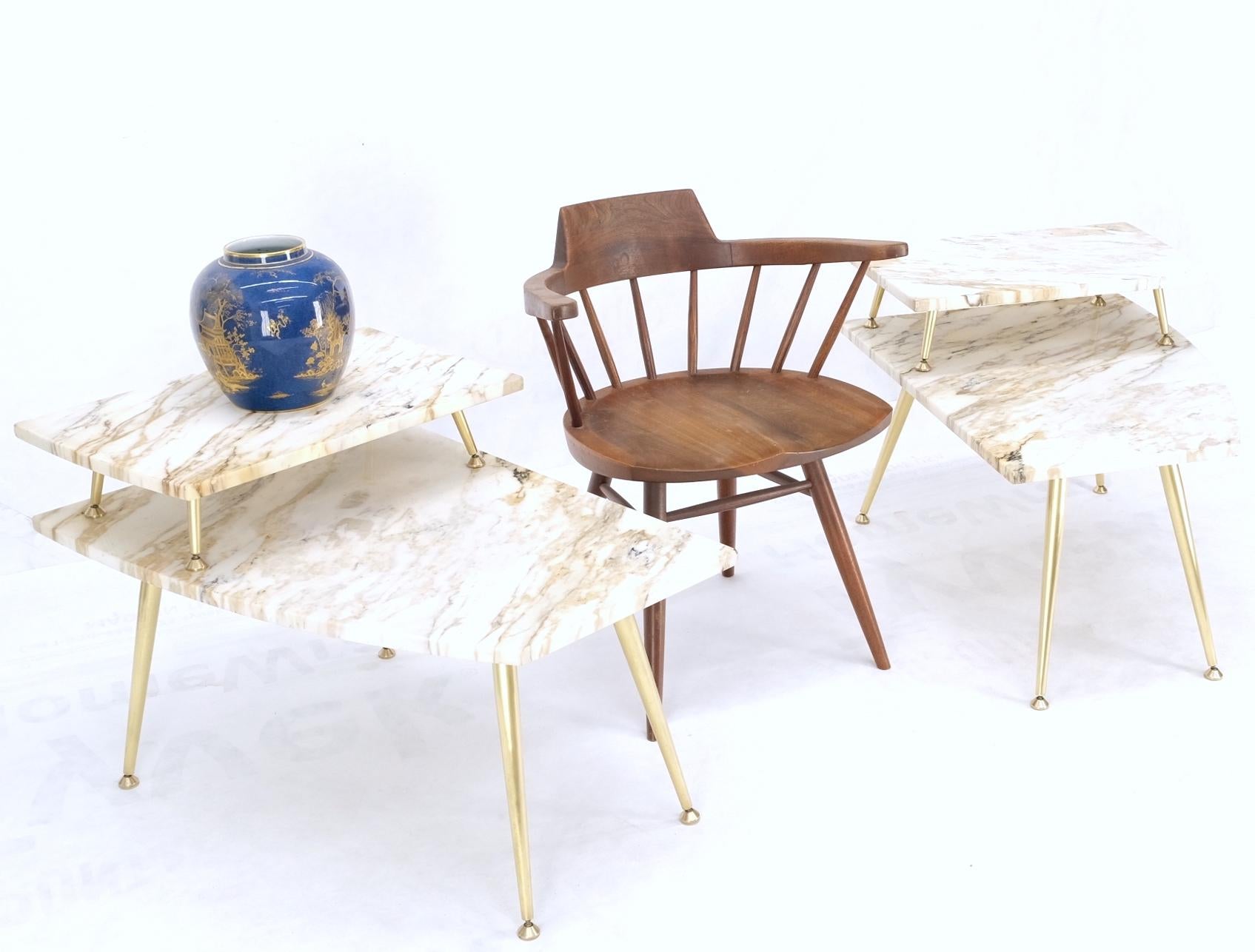 EstablishedLines Pair of Asymmetrical Wedge Two Tier Marble Top Tapered Brass Legs Side End Table