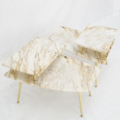 EstablishedLines Pair of Asymmetrical Wedge Two Tier Marble Top Tapered Brass Legs Side End Table