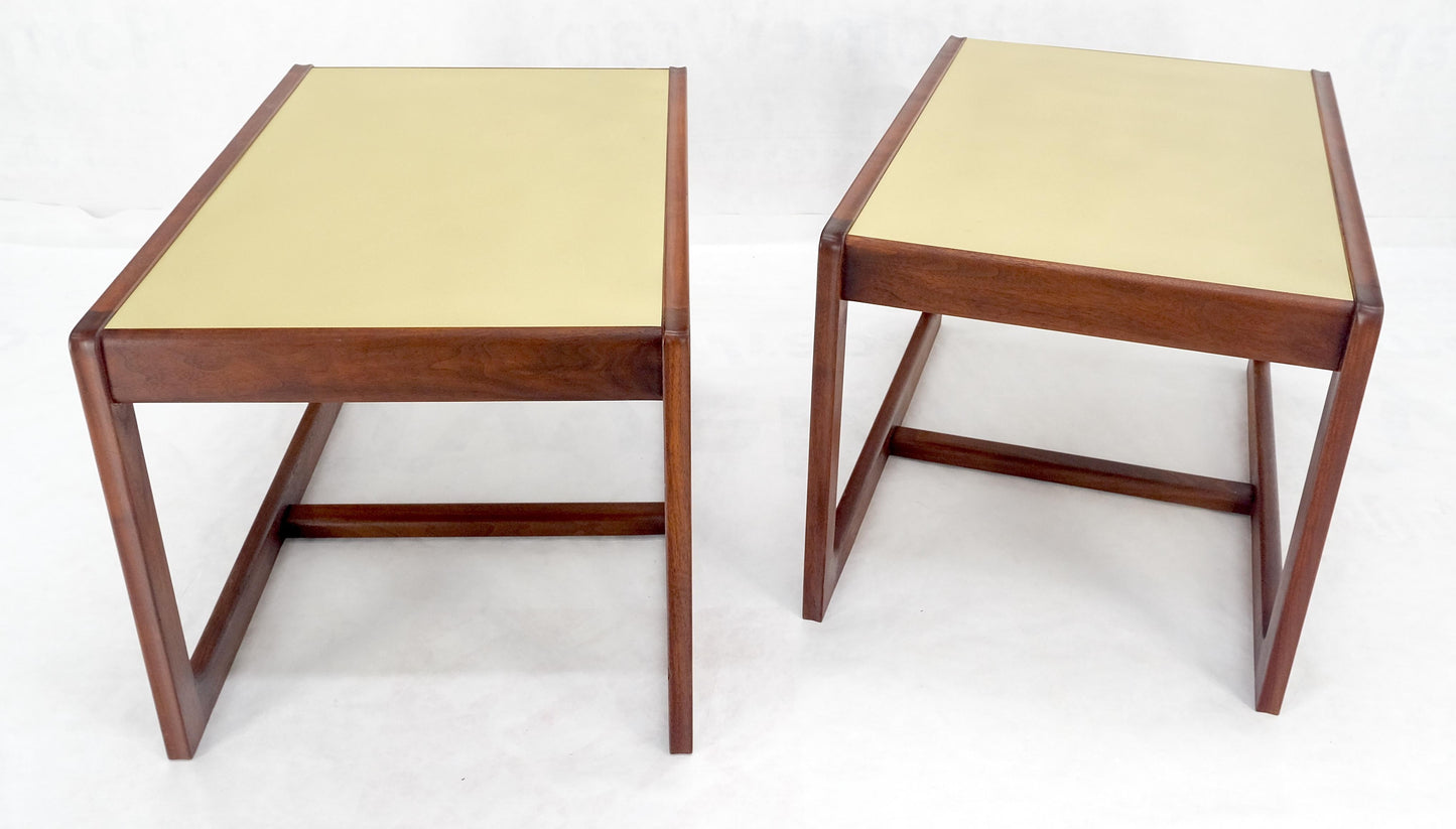 EstablishedLines Pair of Mid Century Modern Solid Oil Walnut c1970s Brass Tops Side End Tables