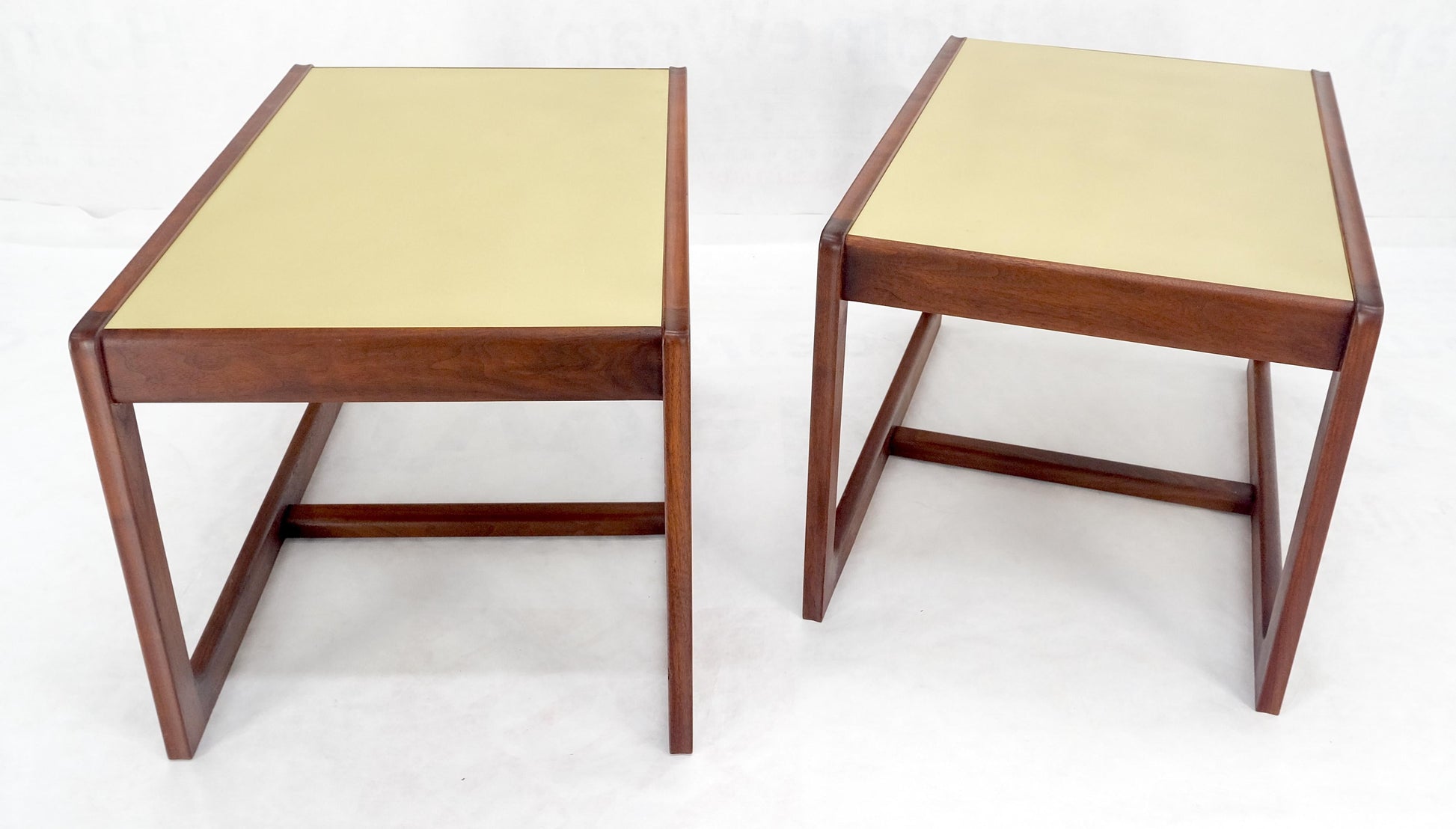 EstablishedLines Pair of Mid Century Modern Solid Oil Walnut c1970s Brass Tops Side End Tables