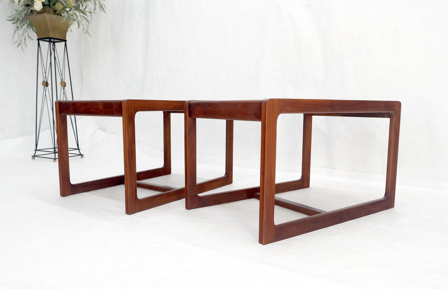 EstablishedLines Pair of Mid Century Modern Solid Oil Walnut c1970s Brass Tops Side End Tables