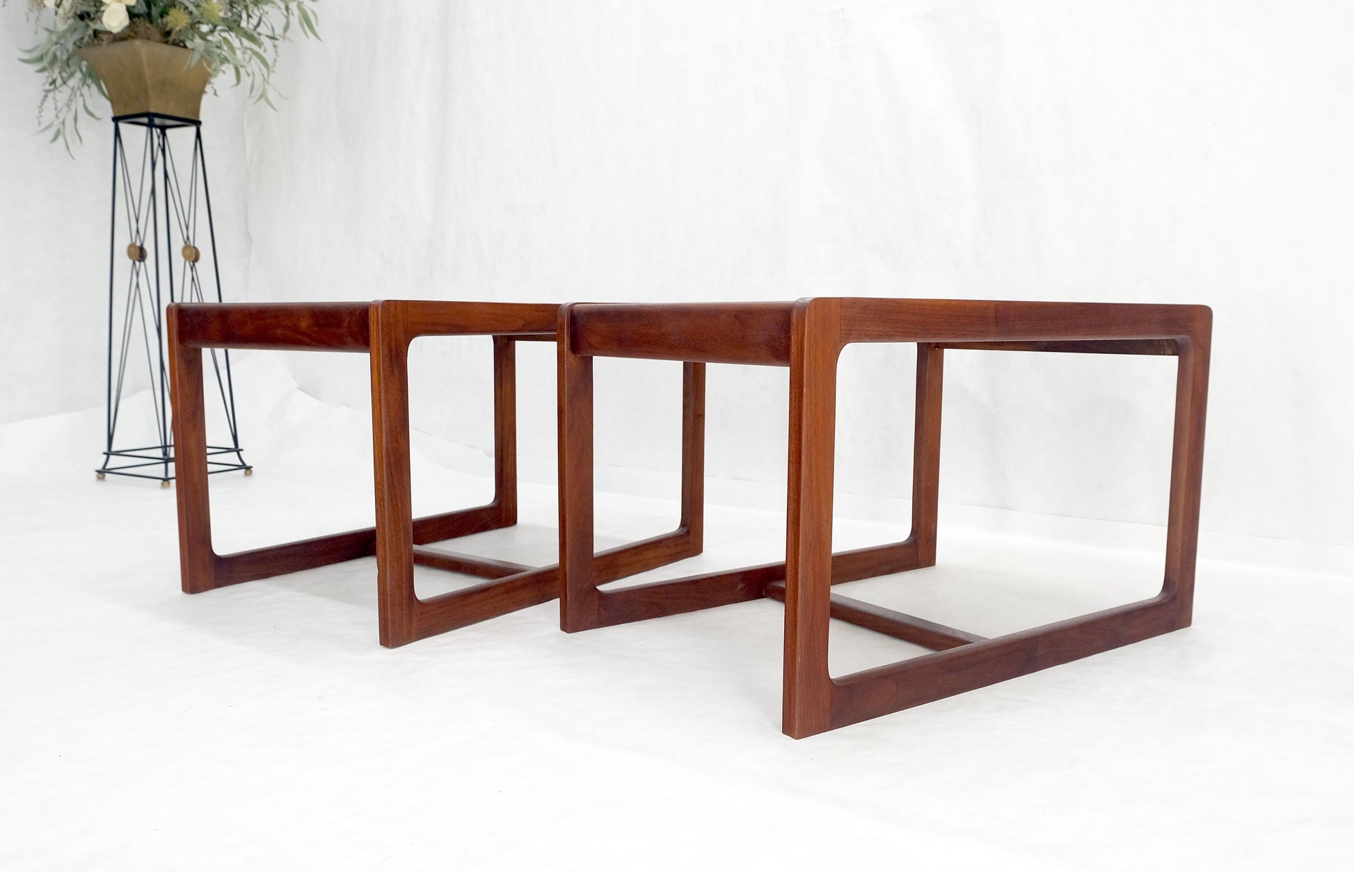 EstablishedLines Pair of Mid Century Modern Solid Oil Walnut c1970s Brass Tops Side End Tables