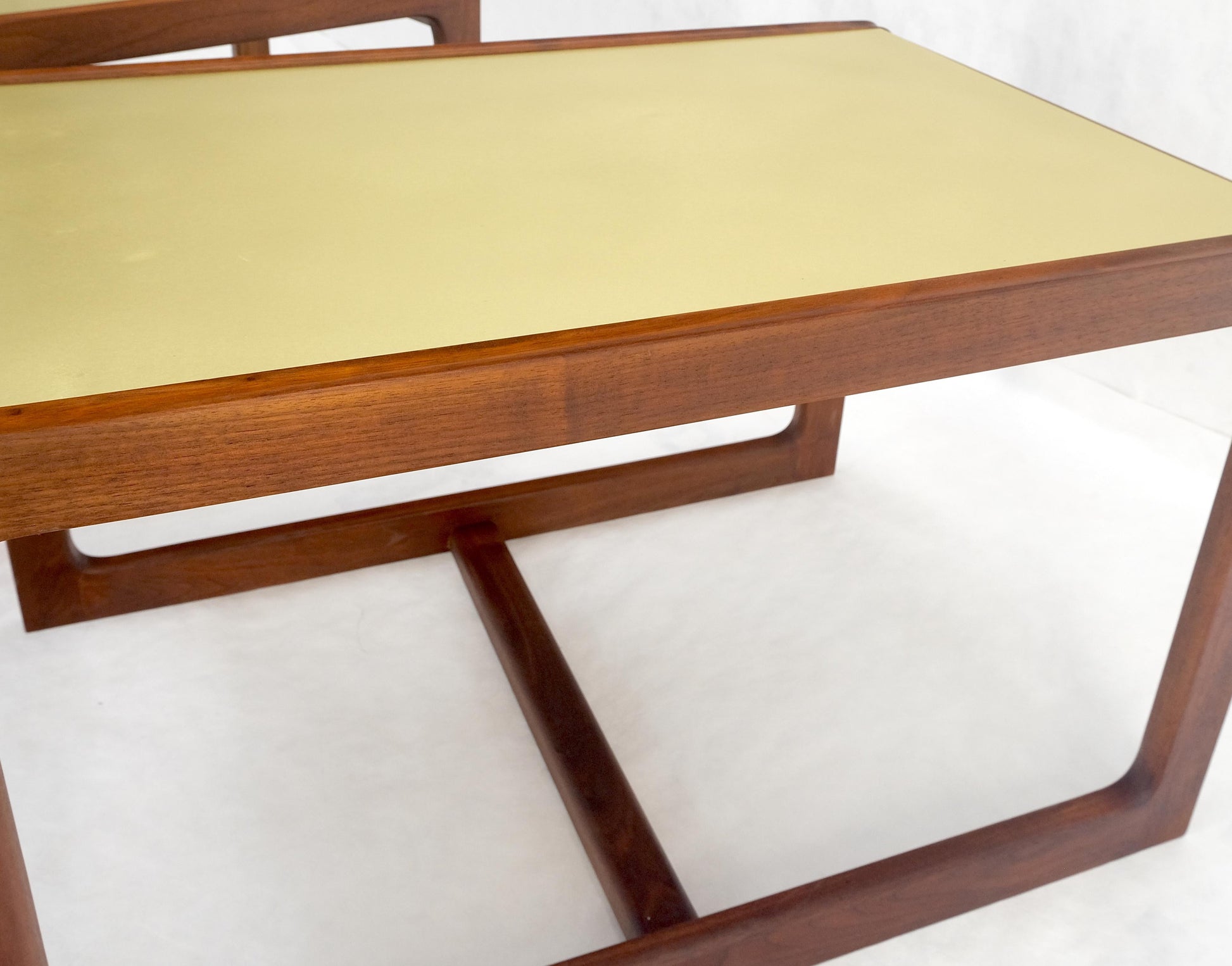 EstablishedLines Pair of Mid Century Modern Solid Oil Walnut c1970s Brass Tops Side End Tables
