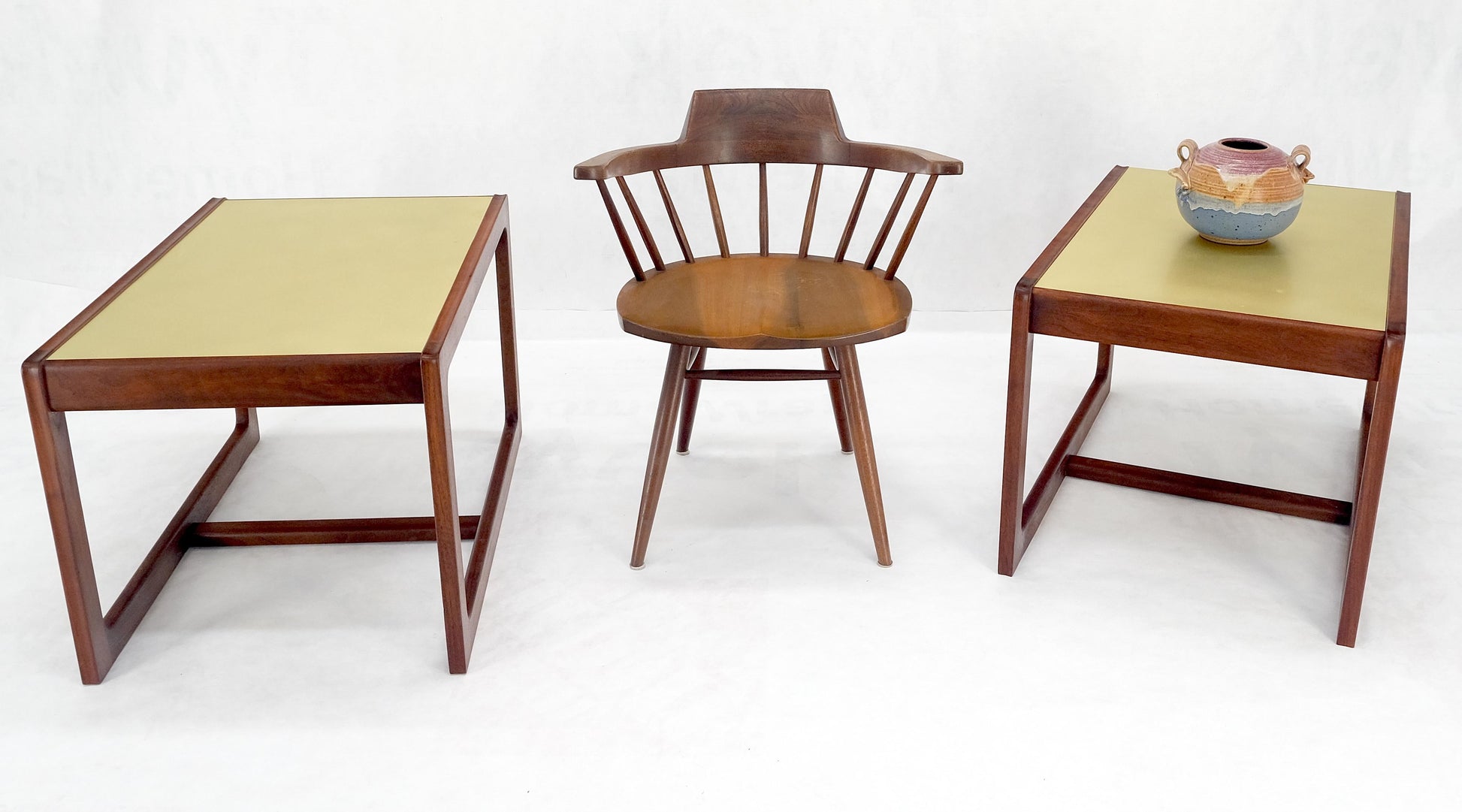 EstablishedLines Pair of Mid Century Modern Solid Oil Walnut c1970s Brass Tops Side End Tables