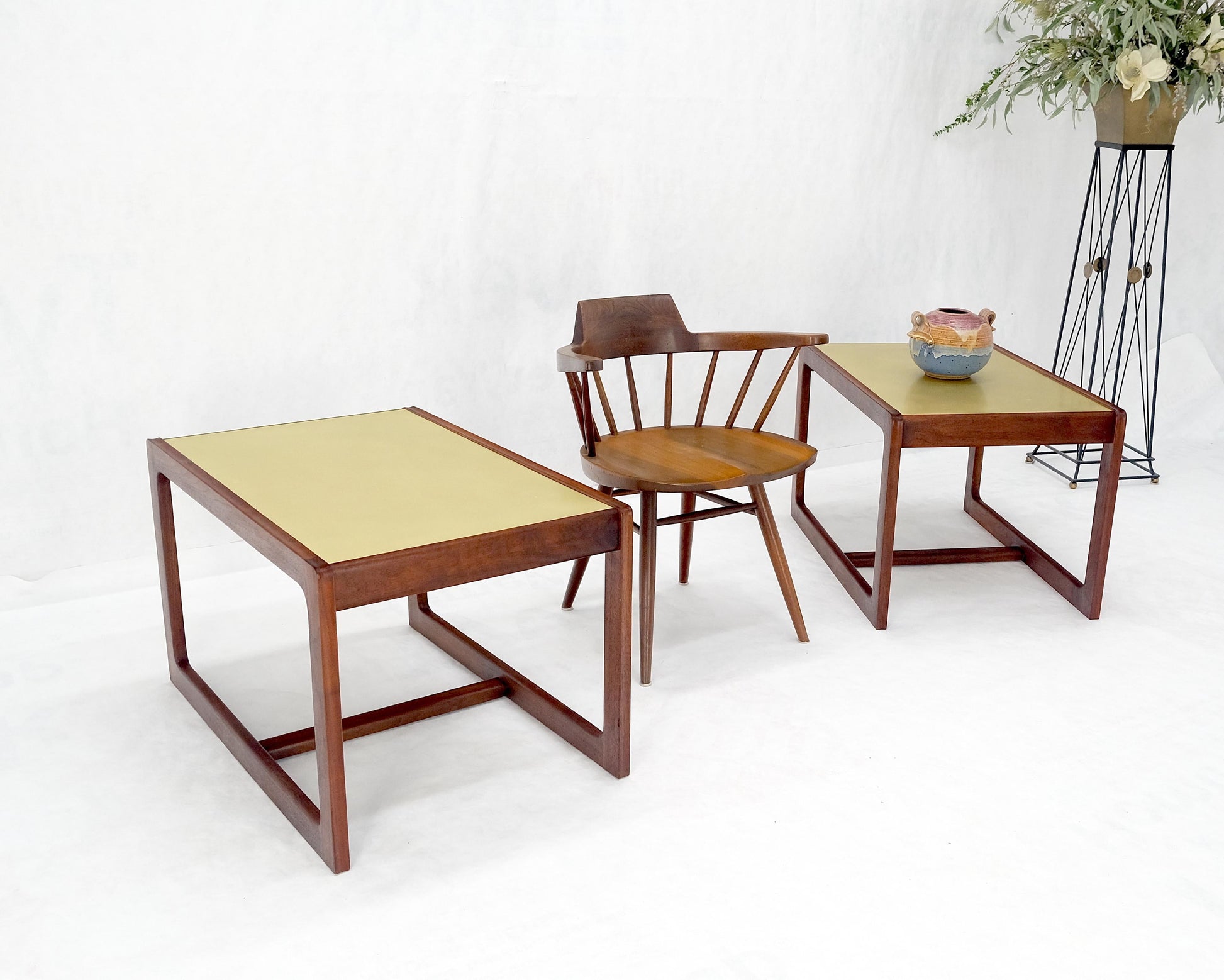 EstablishedLines Pair of Mid Century Modern Solid Oil Walnut c1970s Brass Tops Side End Tables