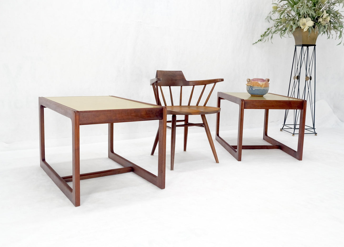 EstablishedLines Pair of Mid Century Modern Solid Oil Walnut c1970s Brass Tops Side End Tables
