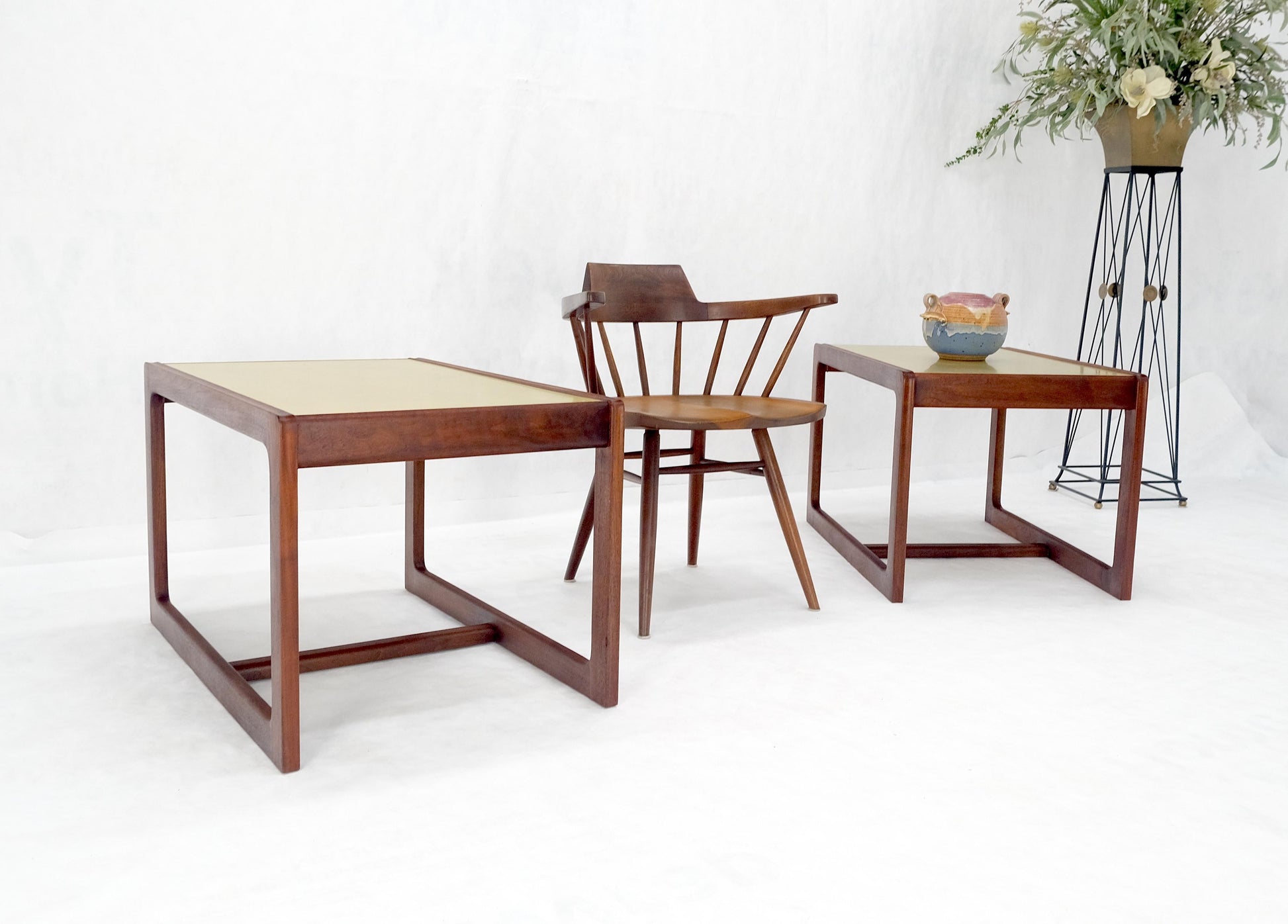 EstablishedLines Pair of Mid Century Modern Solid Oil Walnut c1970s Brass Tops Side End Tables