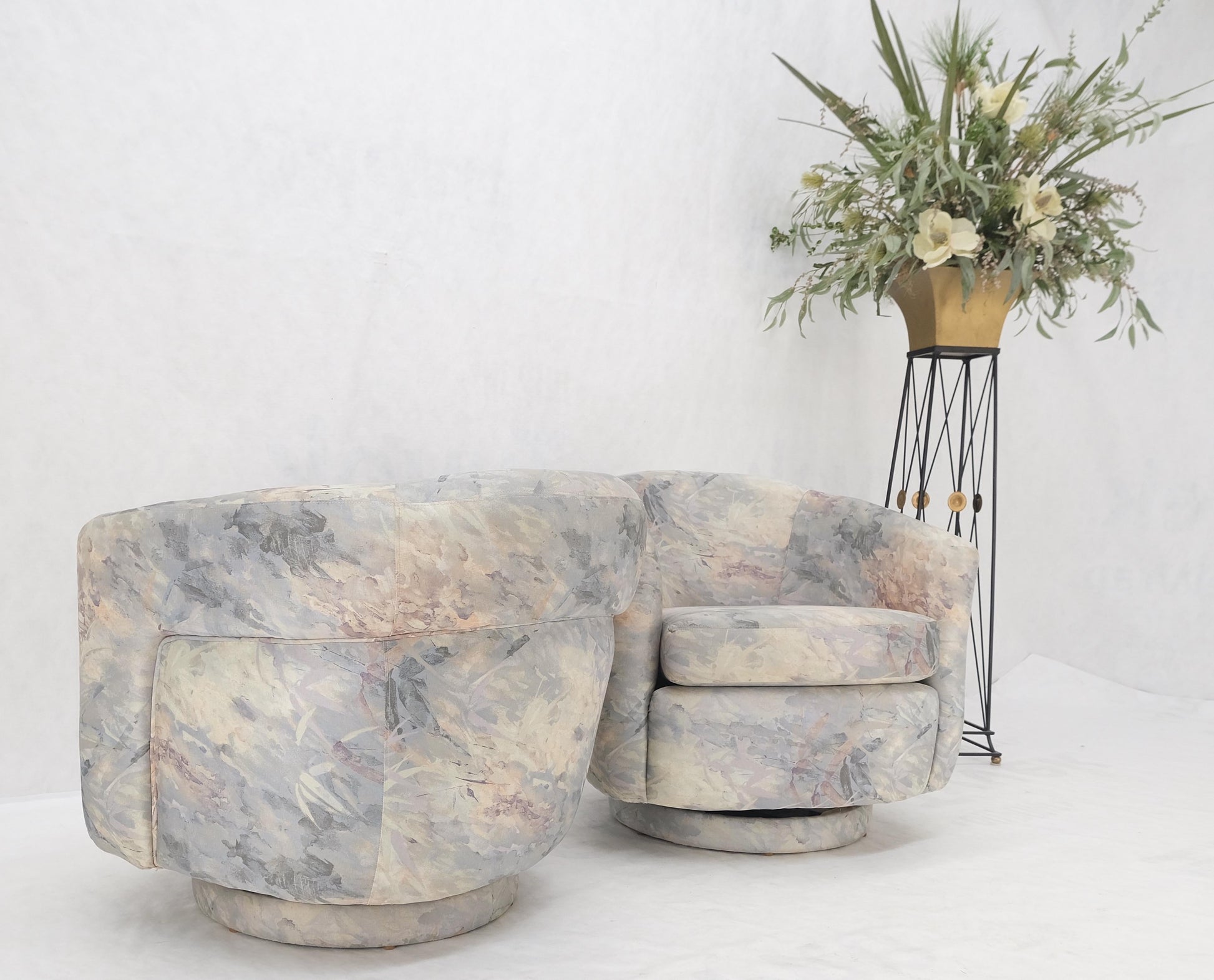 EstablishedLines Pair Mid-Century Modern Milo Baughman Thayer Cogging Swivel Barrel Lounge Chairs