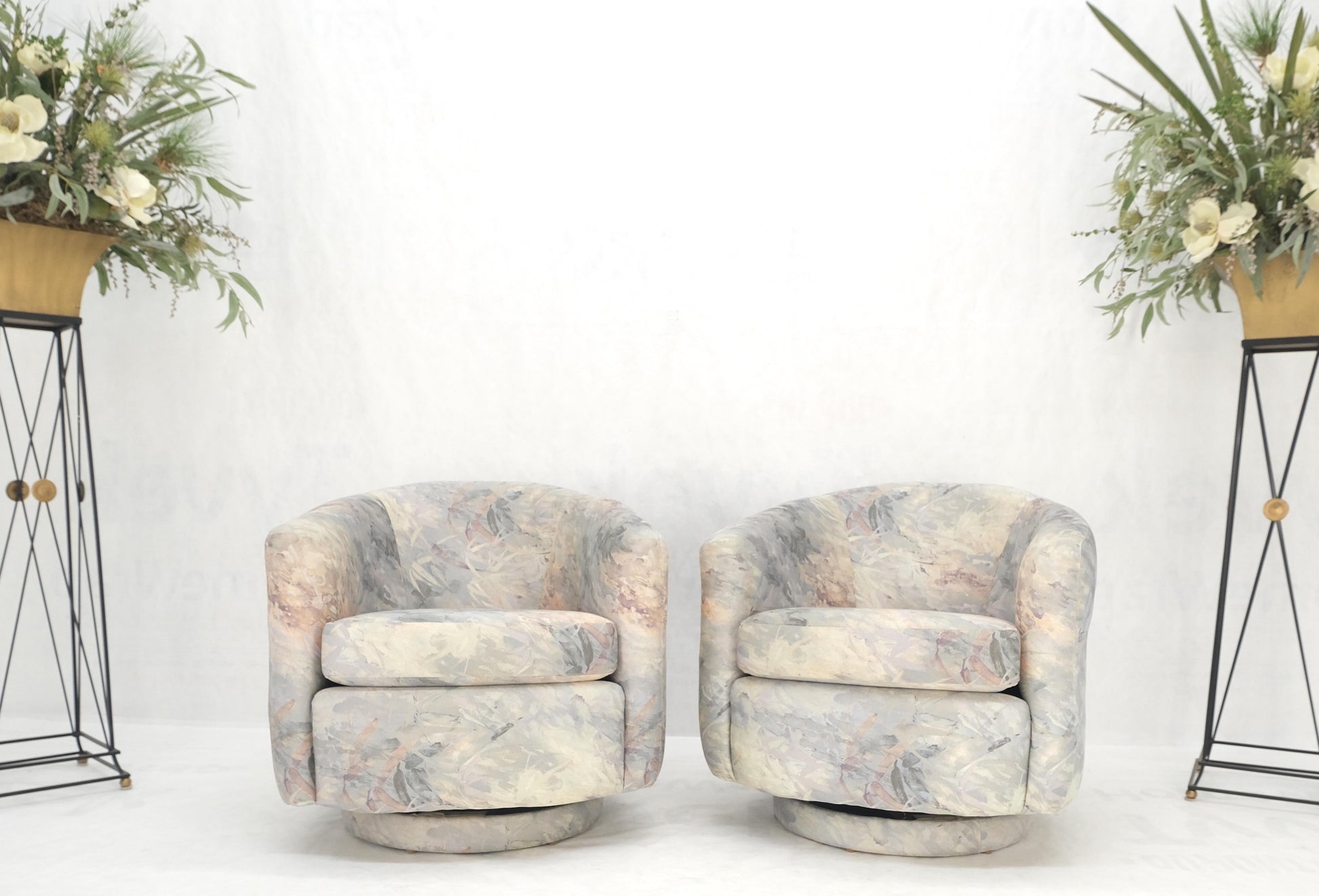 EstablishedLines Pair Mid-Century Modern Milo Baughman Thayer Cogging Swivel Barrel Lounge Chairs