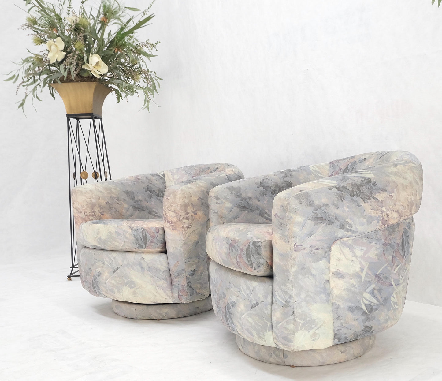 EstablishedLines Pair Mid-Century Modern Milo Baughman Thayer Cogging Swivel Barrel Lounge Chairs