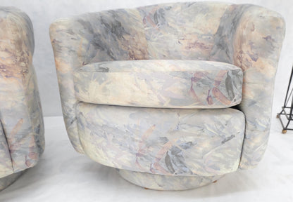 EstablishedLines Pair Mid-Century Modern Milo Baughman Thayer Cogging Swivel Barrel Lounge Chairs
