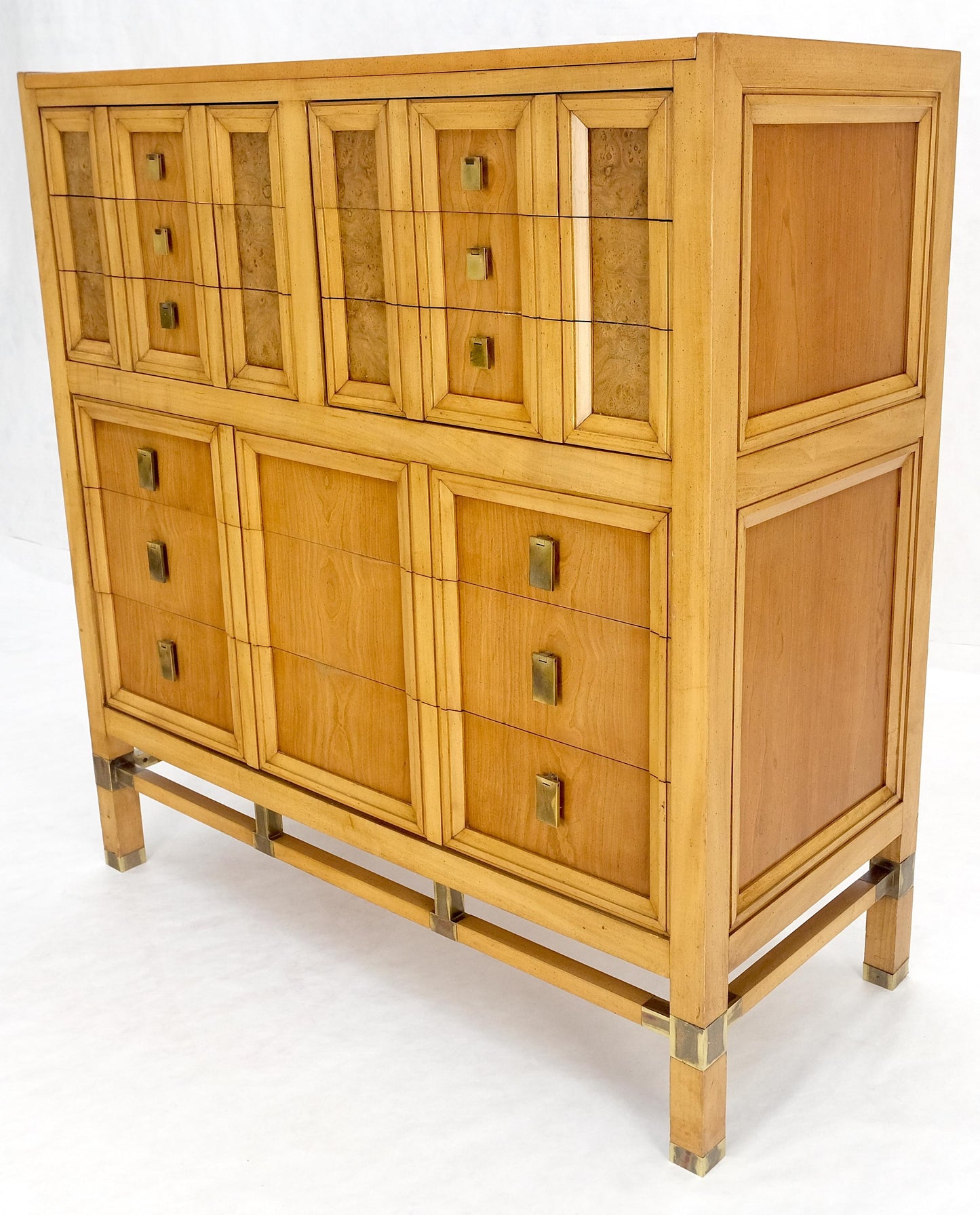 Burl Wood Panel Brass Birch 7 Drawer Mid Century Modern High Boy Dresser MINT!