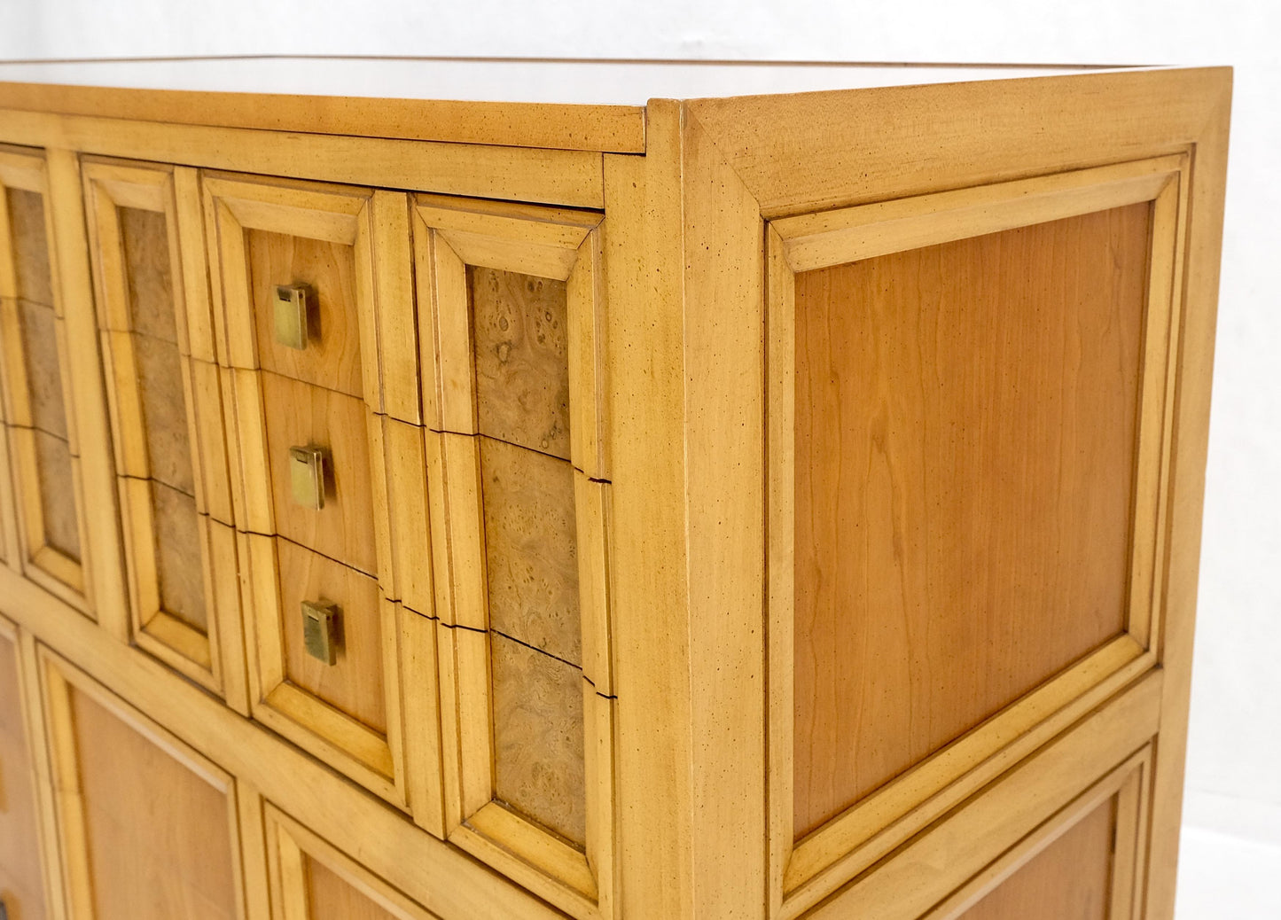 Burl Wood Panel Brass Birch 7 Drawer Mid Century Modern High Boy Dresser MINT!