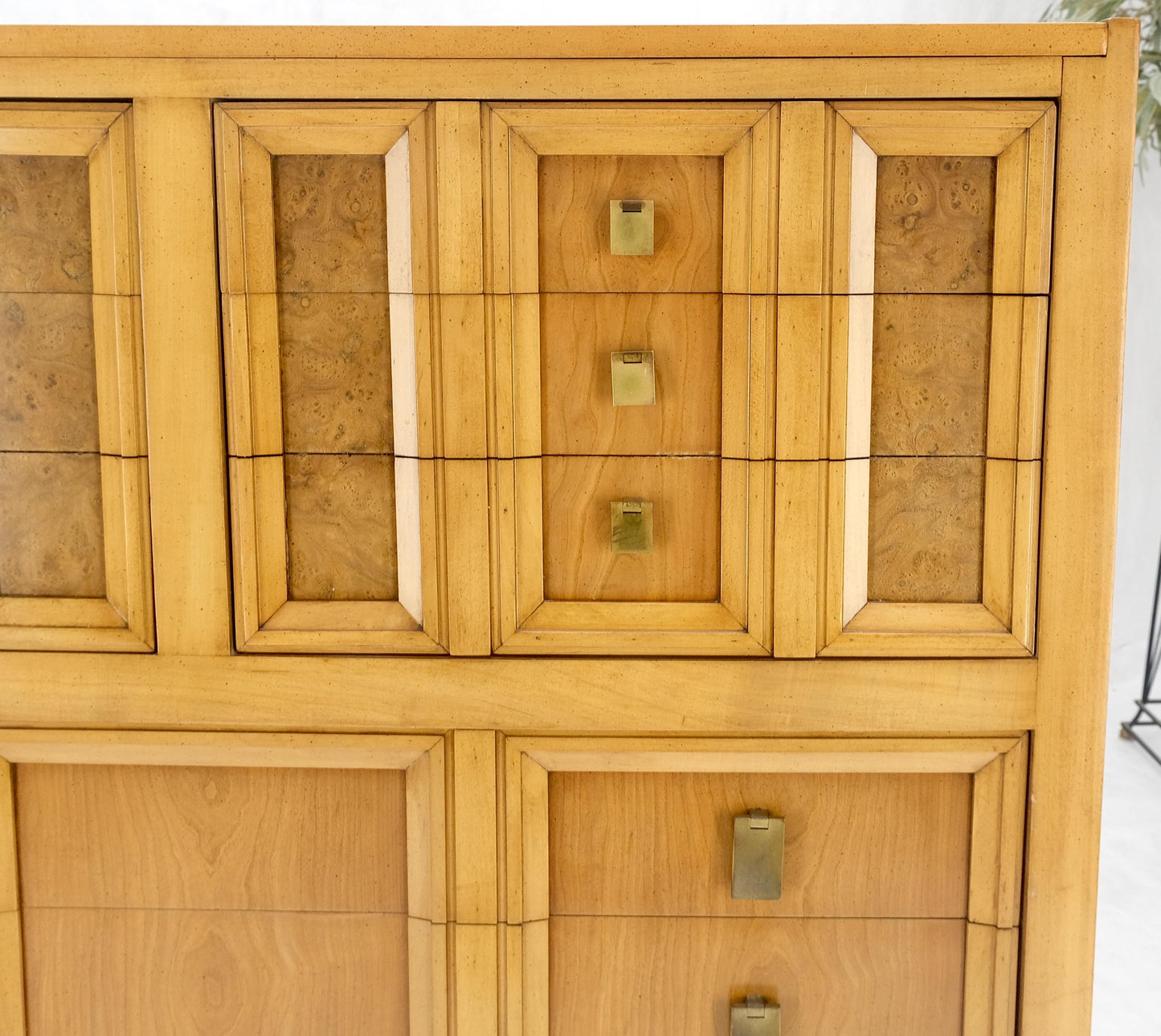 Burl Wood Panel Brass Birch 7 Drawer Mid Century Modern High Boy Dresser MINT!