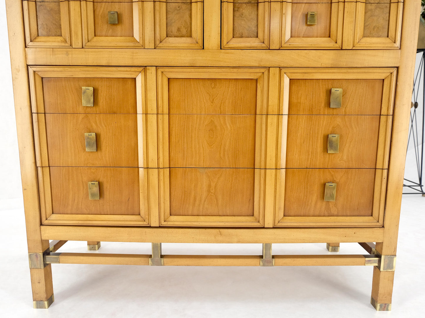 Burl Wood Panel Brass Birch 7 Drawer Mid Century Modern High Boy Dresser MINT!
