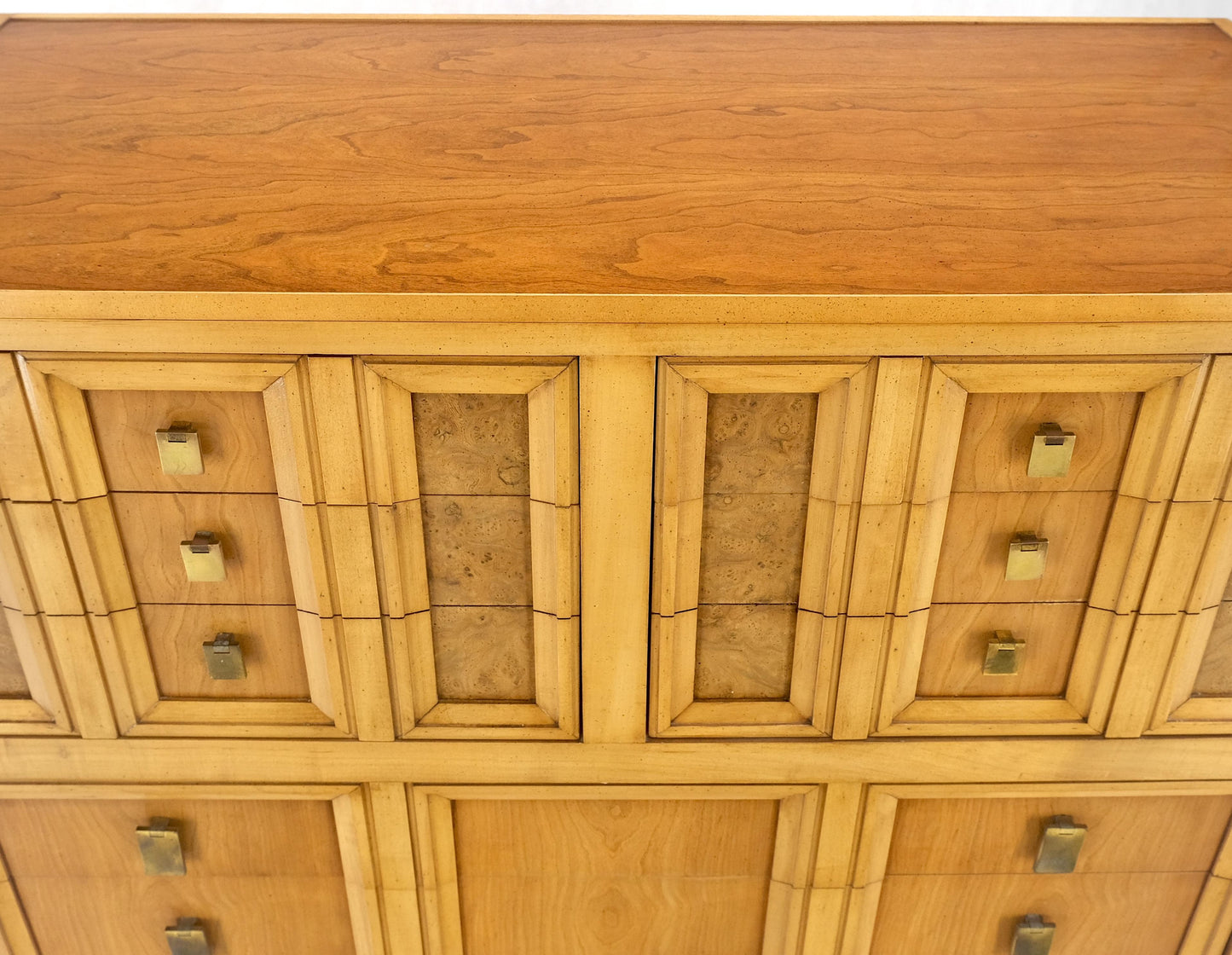 Burl Wood Panel Brass Birch 7 Drawer Mid Century Modern High Boy Dresser MINT!
