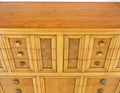 Burl Wood Panel Brass Birch 7 Drawer Mid Century Modern High Boy Dresser MINT!
