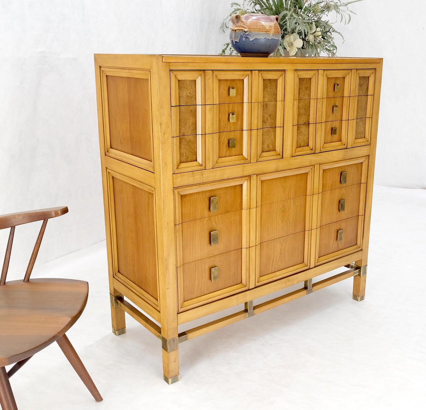 Burl Wood Panel Brass Birch 7 Drawer Mid Century Modern High Boy Dresser MINT!