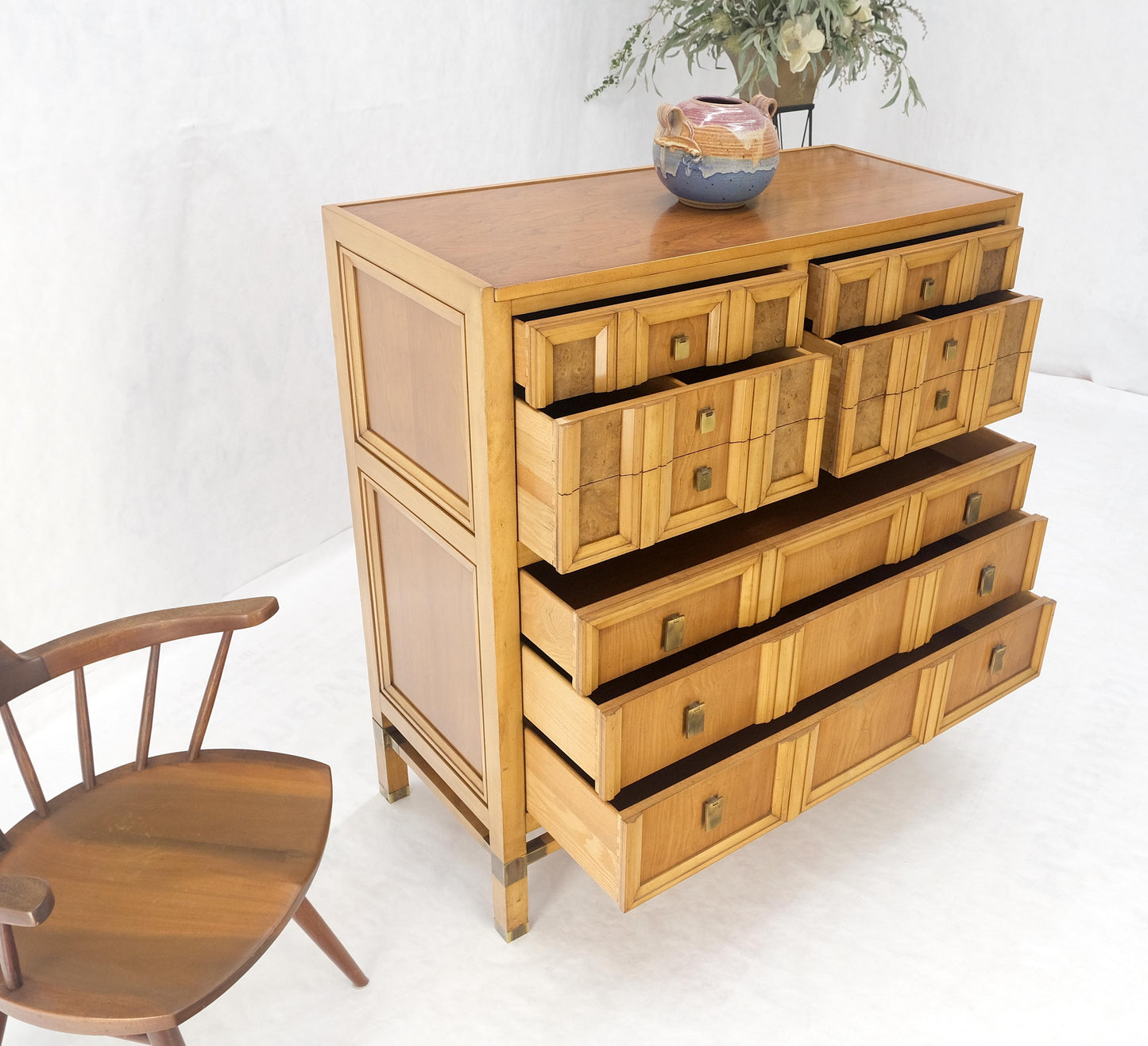 Burl Wood Panel Brass Birch 7 Drawer Mid Century Modern High Boy Dresser MINT!