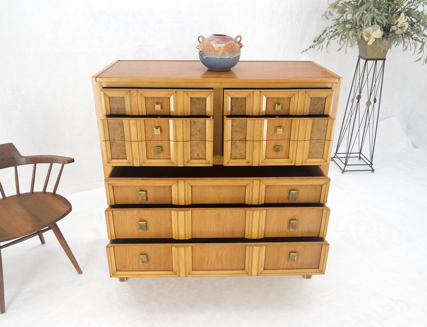 Burl Wood Panel Brass Birch 7 Drawer Mid Century Modern High Boy Dresser MINT!