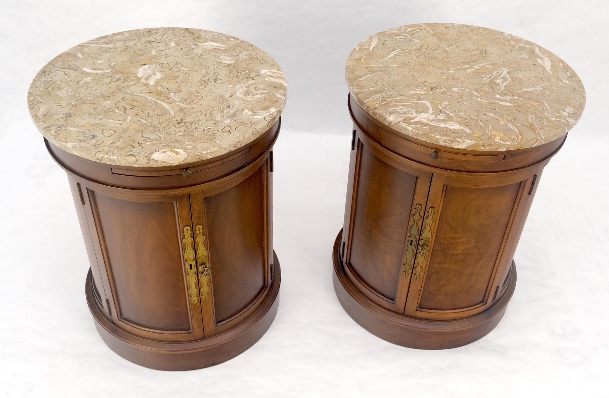 EstablishedLines Pair of Round Cylinder Shape Two Doors End Lamp Tables Stands Pull Out Trays