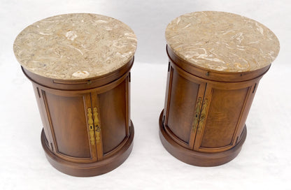 EstablishedLines Pair of Round Cylinder Shape Two Doors End Lamp Tables Stands Pull Out Trays