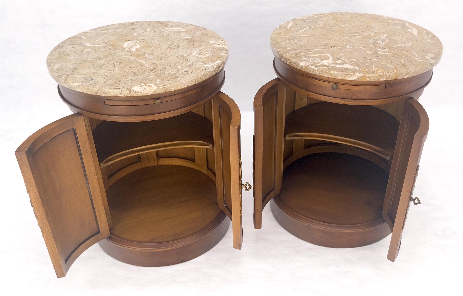 EstablishedLines Pair of Round Cylinder Shape Two Doors End Lamp Tables Stands Pull Out Trays