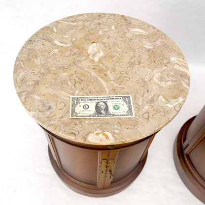 EstablishedLines Pair of Round Cylinder Shape Two Doors End Lamp Tables Stands Pull Out Trays