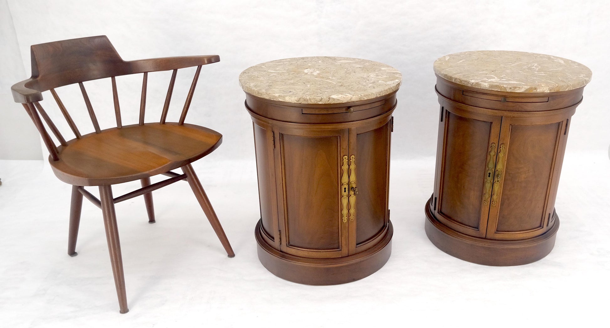 EstablishedLines Pair of Round Cylinder Shape Two Doors End Lamp Tables Stands Pull Out Trays