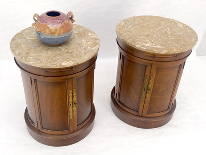 EstablishedLines Pair of Round Cylinder Shape Two Doors End Lamp Tables Stands Pull Out Trays