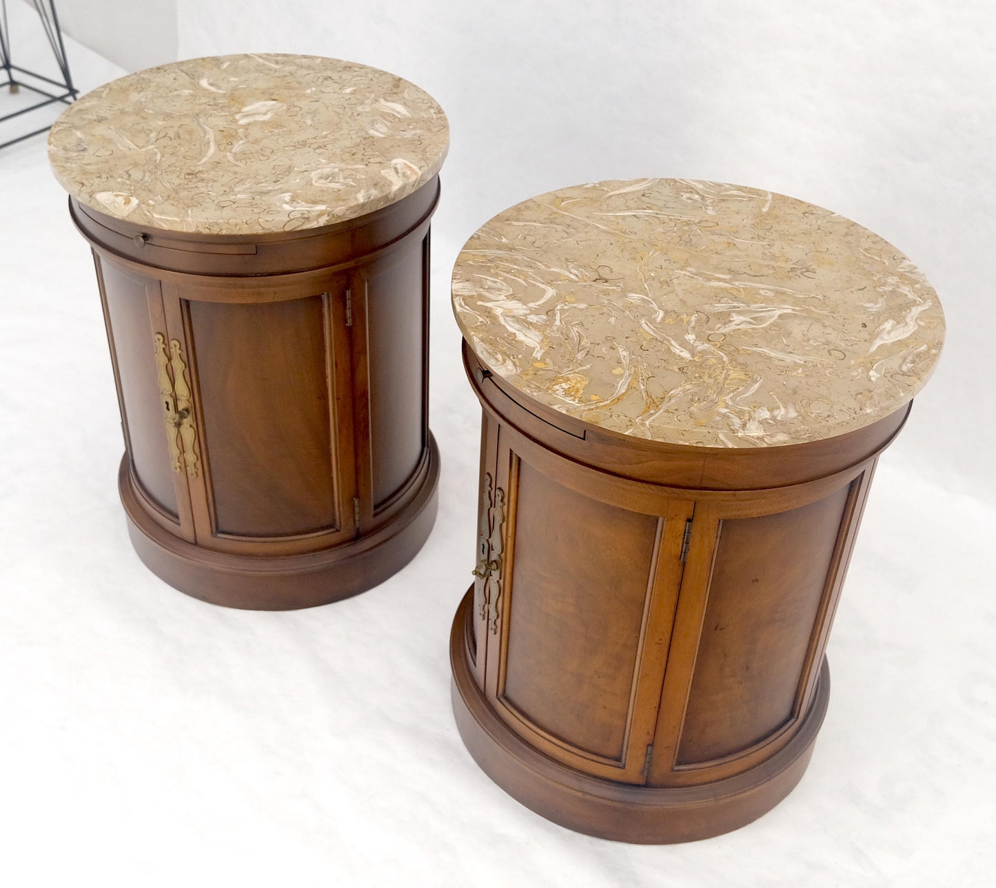 EstablishedLines Pair of Round Cylinder Shape Two Doors End Lamp Tables Stands Pull Out Trays