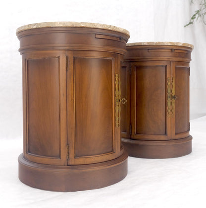 EstablishedLines Pair of Round Cylinder Shape Two Doors End Lamp Tables Stands Pull Out Trays