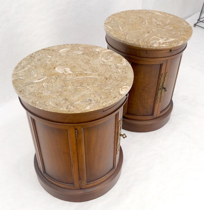 EstablishedLines Pair of Round Cylinder Shape Two Doors End Lamp Tables Stands Pull Out Trays