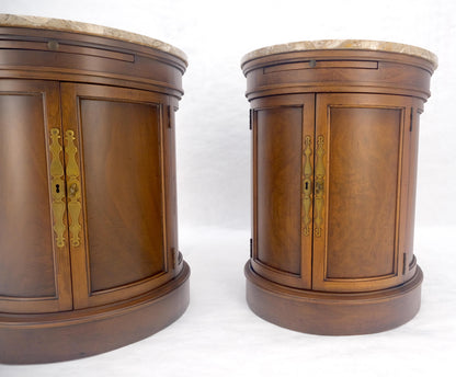 EstablishedLines Pair of Round Cylinder Shape Two Doors End Lamp Tables Stands Pull Out Trays