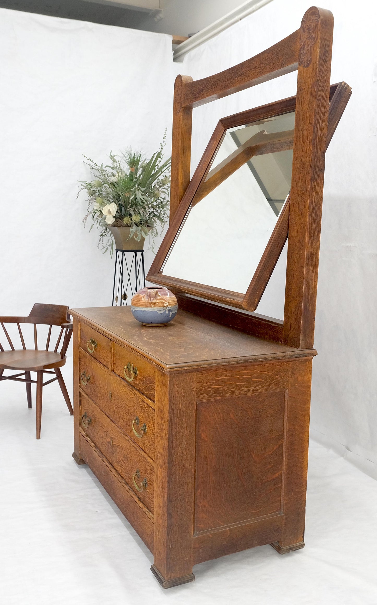 Massive Solid Oak Arts & Crafts 4 Drawers Dresser w/ Swivel Mirror
