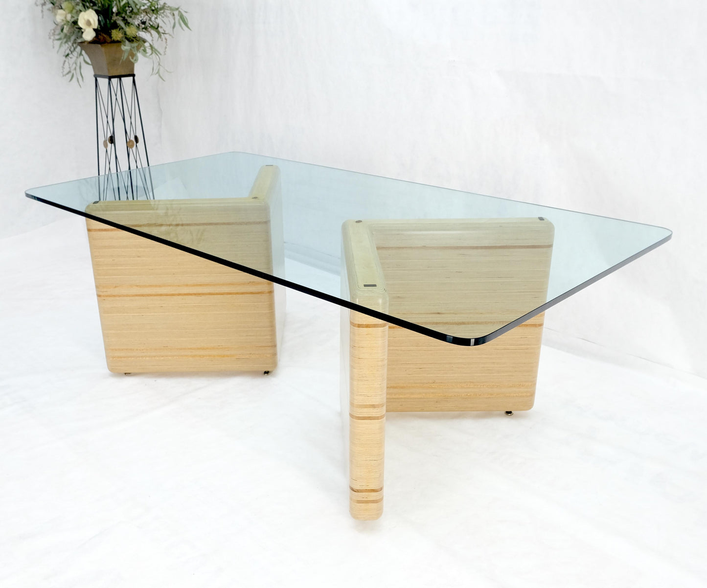 Heavy Layered & Milled Plywood Mid Century V Shape Base 3/4" Glass Top Rectangle
