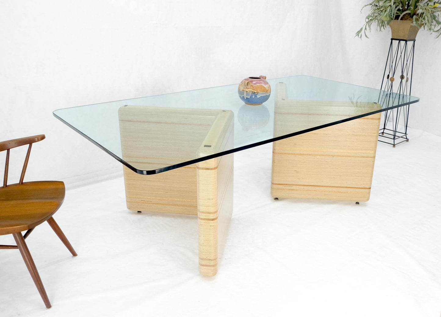 Heavy Layered & Milled Plywood Mid Century V Shape Base 3/4" Glass Top Rectangle