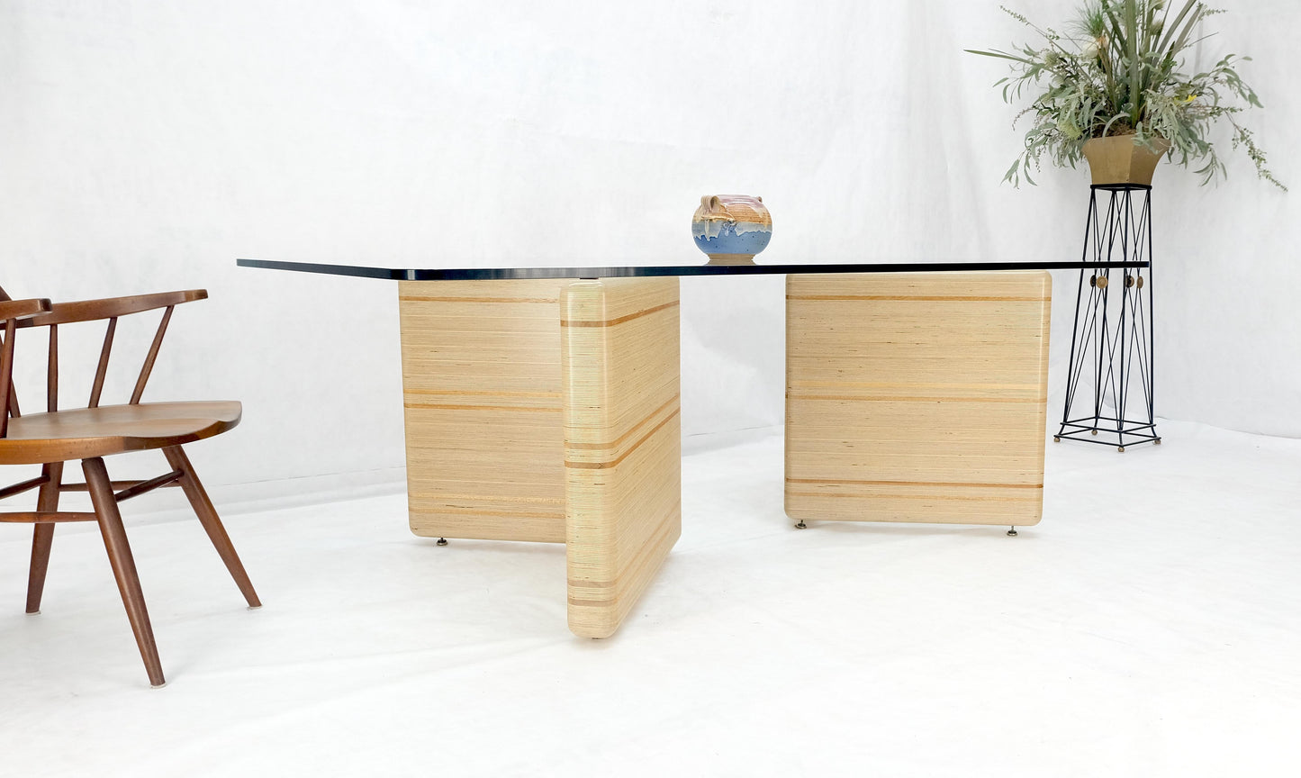 EstablishedLines Heavy Layered & Milled Plywood Mid Century V Shape Base 3/4" Glass Top Rectangle