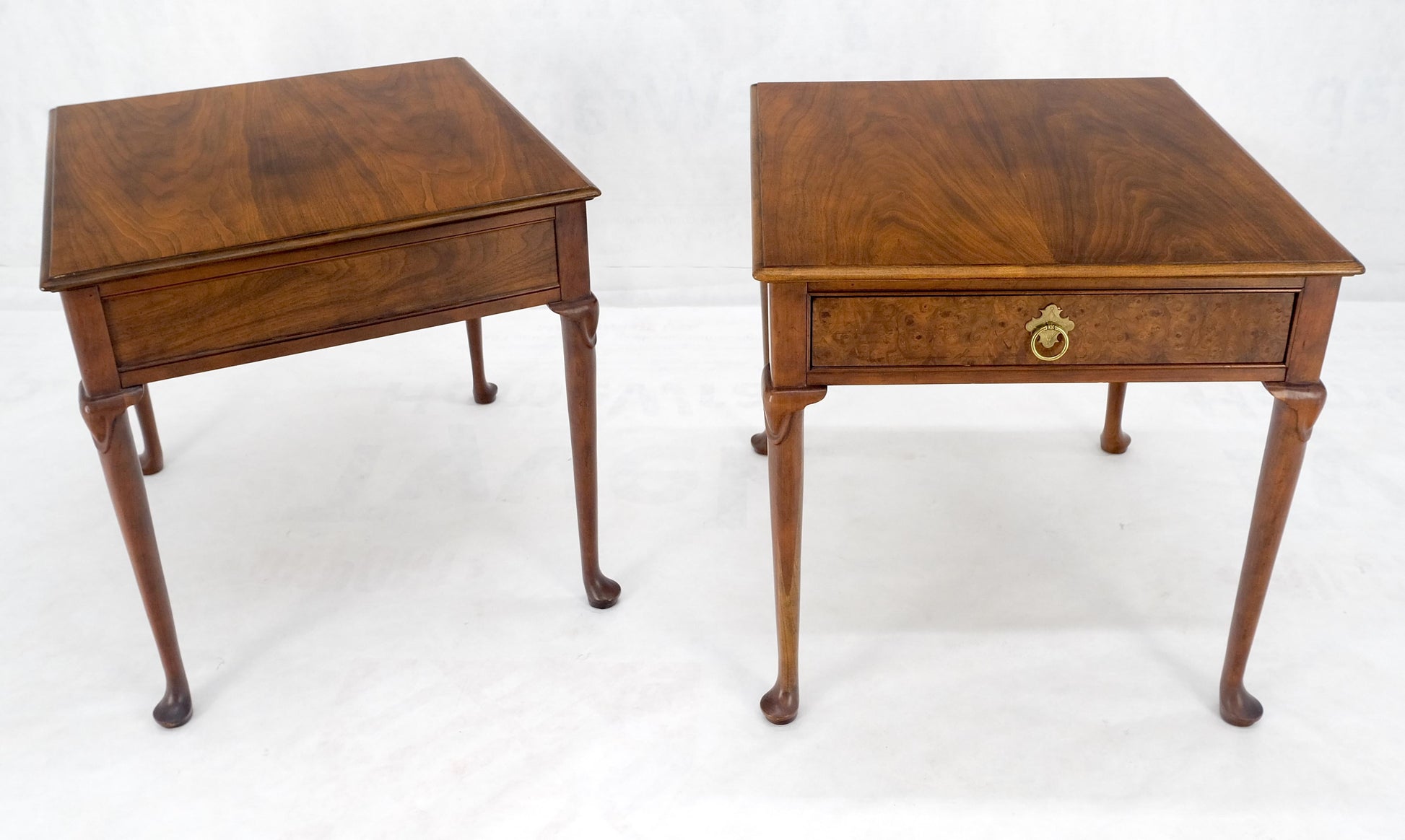 EstablishedLines Baker Burl Wood Walnut Brass Drop Ring Pulls One Drawer Nightstands End Tables