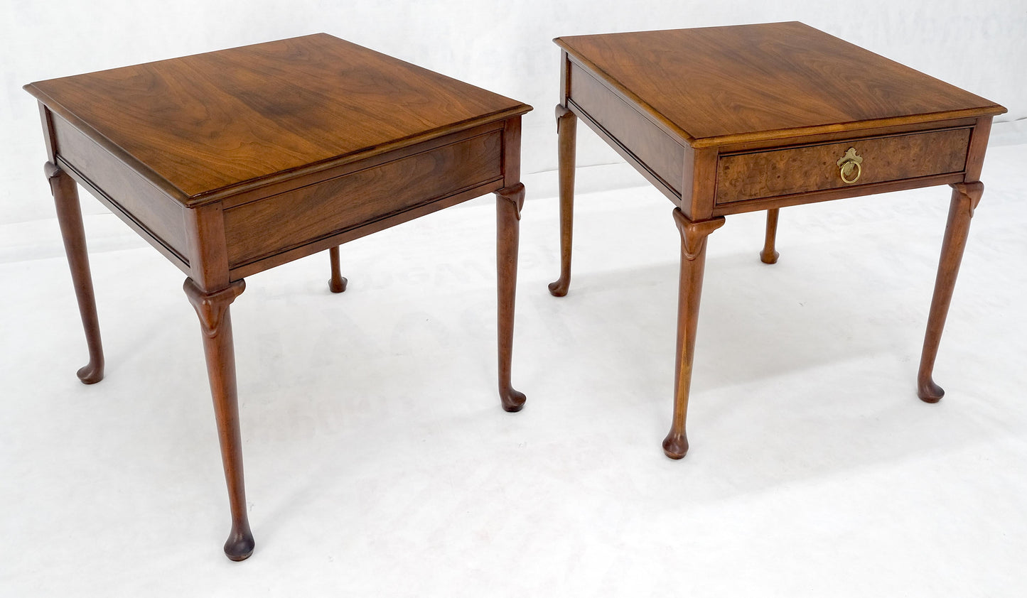 EstablishedLines Baker Burl Wood Walnut Brass Drop Ring Pulls One Drawer Nightstands End Tables