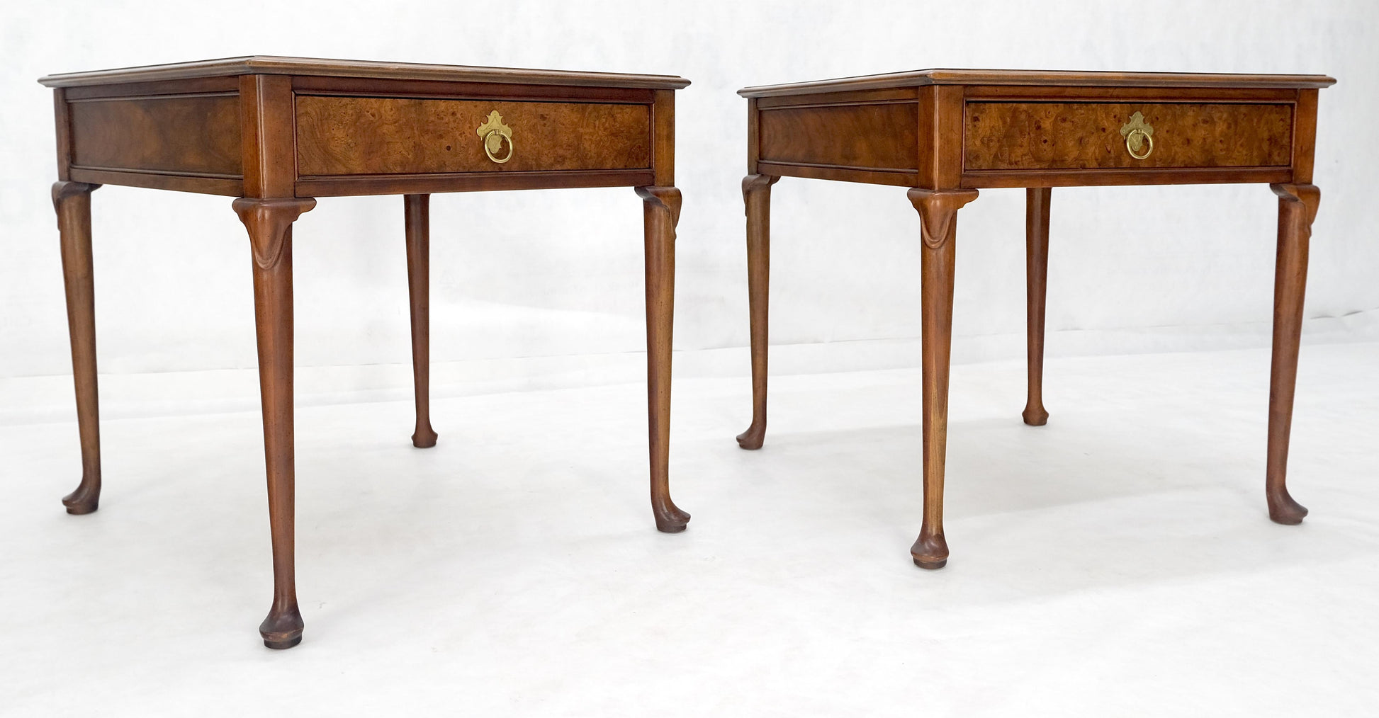 EstablishedLines Baker Burl Wood Walnut Brass Drop Ring Pulls One Drawer Nightstands End Tables