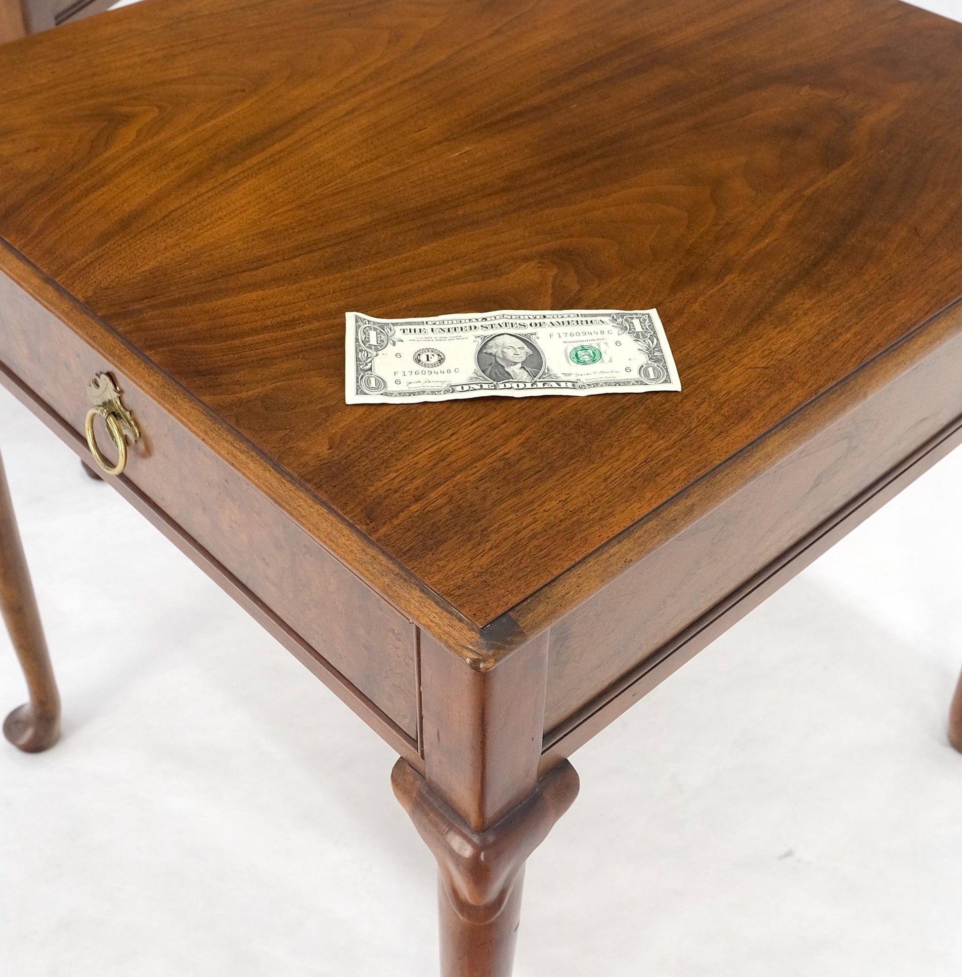 EstablishedLines Baker Burl Wood Walnut Brass Drop Ring Pulls One Drawer Nightstands End Tables