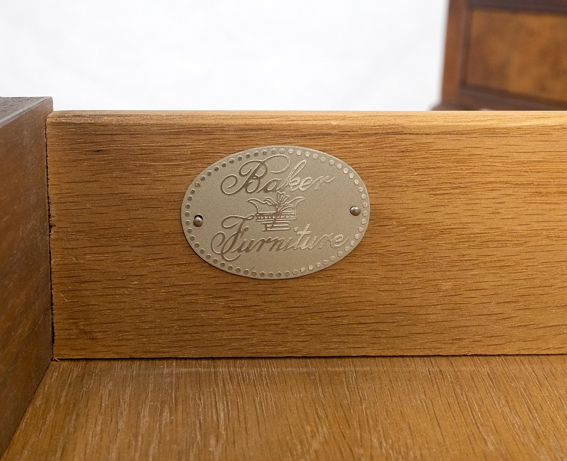 EstablishedLines Baker Burl Wood Walnut Brass Drop Ring Pulls One Drawer Nightstands End Tables