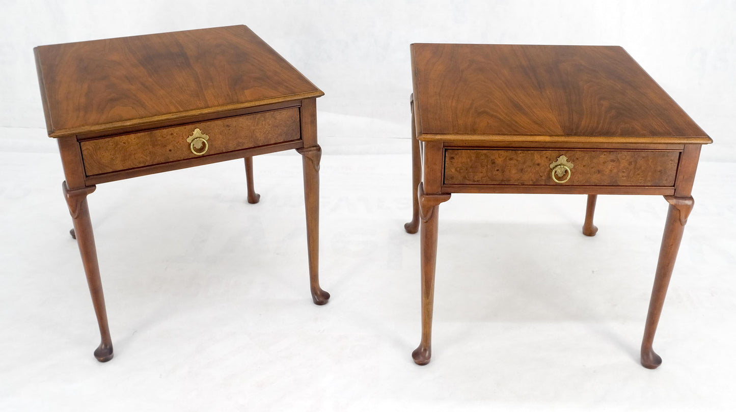 EstablishedLines Baker Burl Wood Walnut Brass Drop Ring Pulls One Drawer Nightstands End Tables