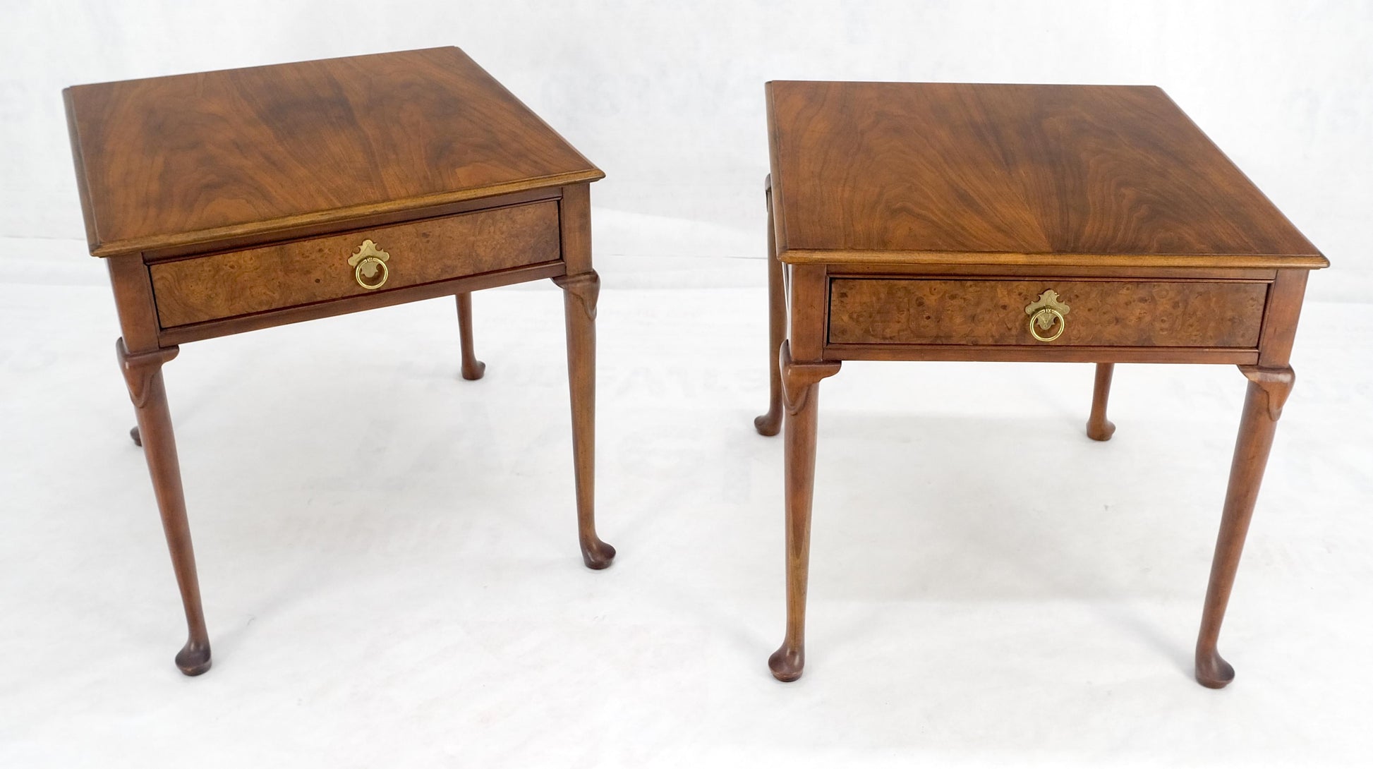 EstablishedLines Baker Burl Wood Walnut Brass Drop Ring Pulls One Drawer Nightstands End Tables
