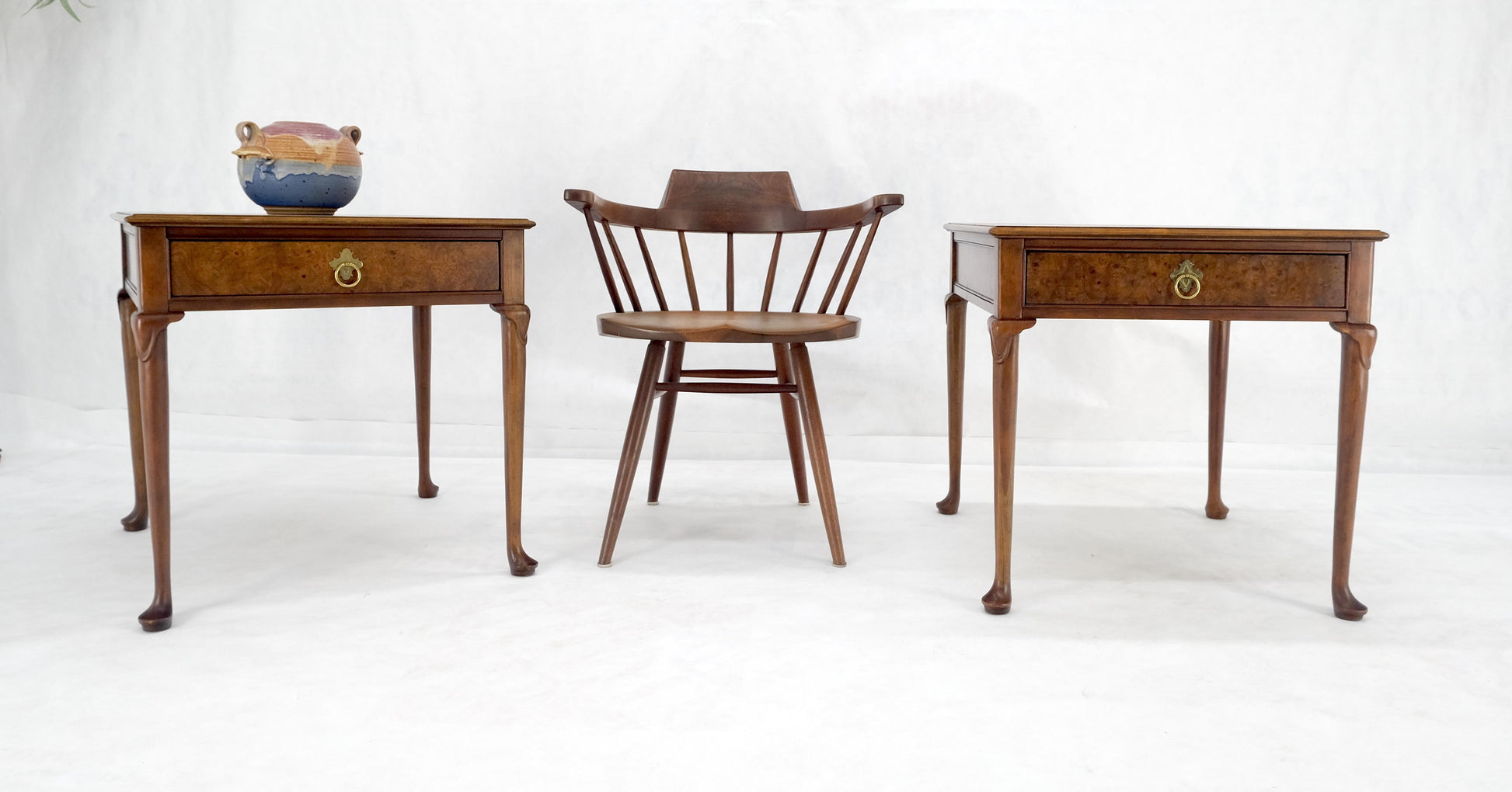 EstablishedLines Baker Burl Wood Walnut Brass Drop Ring Pulls One Drawer Nightstands End Tables