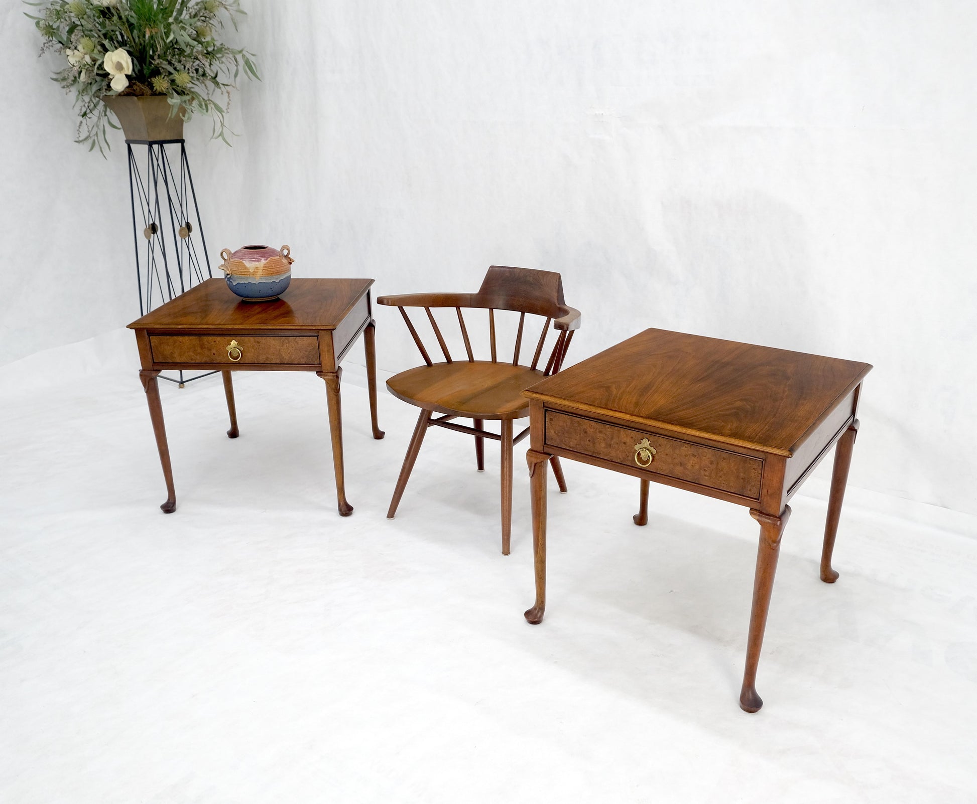 EstablishedLines Baker Burl Wood Walnut Brass Drop Ring Pulls One Drawer Nightstands End Tables
