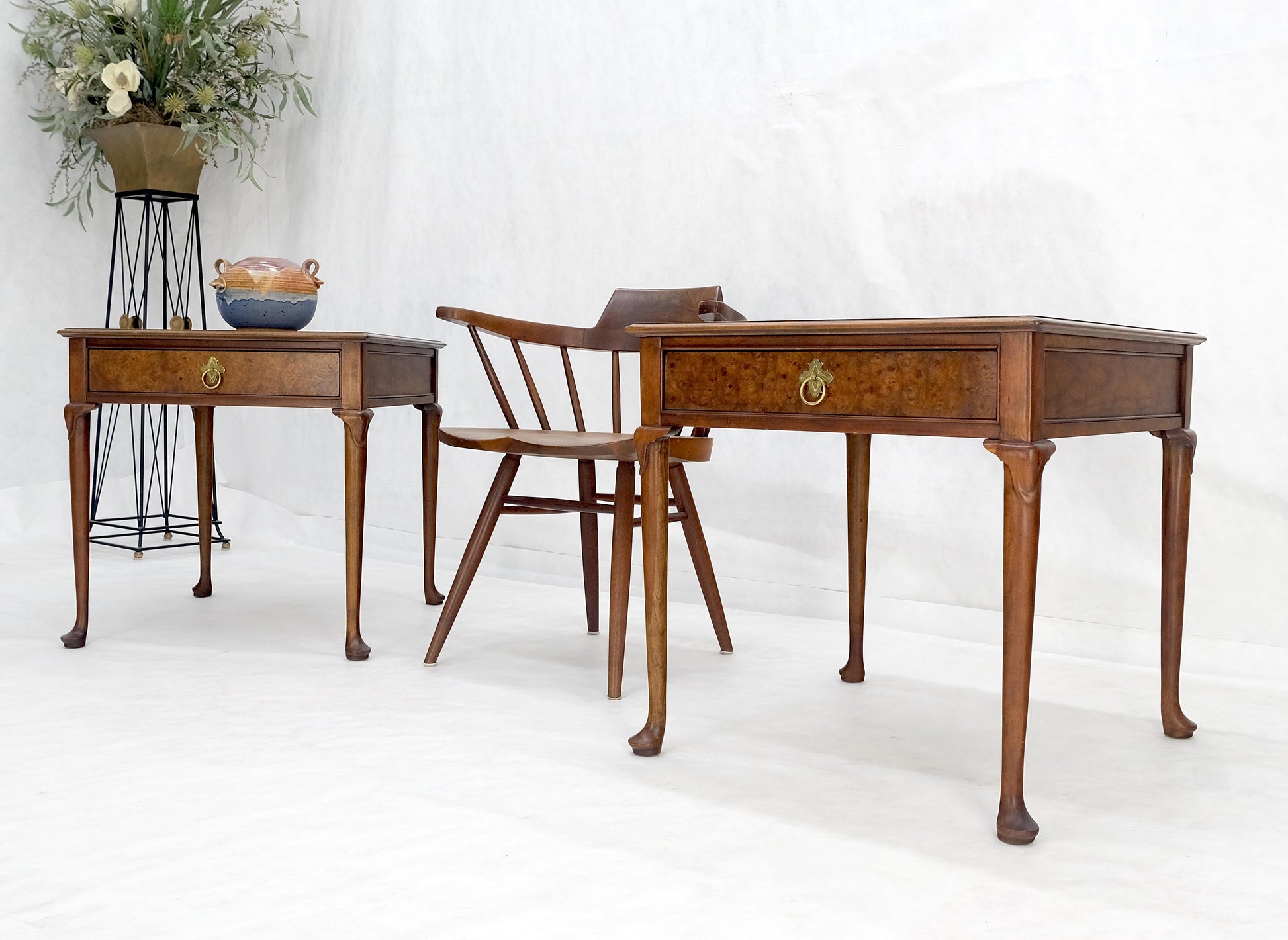 EstablishedLines Baker Burl Wood Walnut Brass Drop Ring Pulls One Drawer Nightstands End Tables