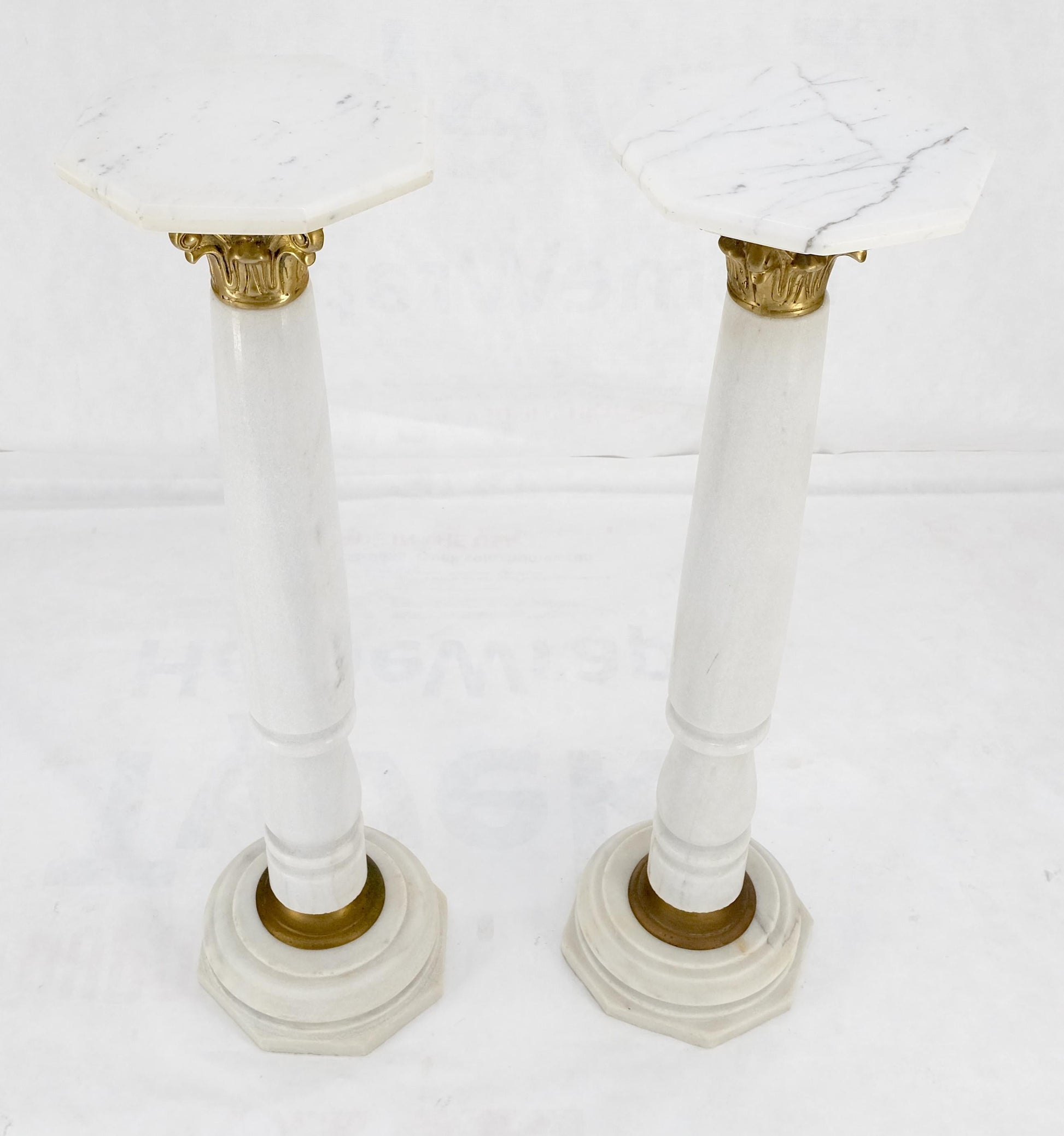 EstablishedLines Pair Brass & Turned White Marble Bases Octagonal Tops Columns Pedestals MINT!