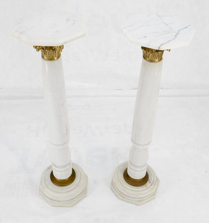 EstablishedLines Pair Brass & Turned White Marble Bases Octagonal Tops Columns Pedestals MINT!